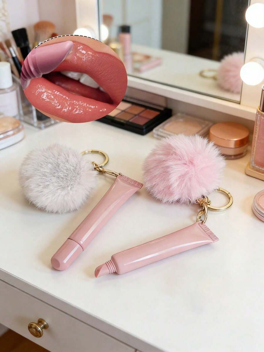 可爱毛绒球唇彩管钥匙扣 - 塑料唇油容器，带柔软挤压口和盖子，可爱的毛绒球装饰，可随身携带唇彩、唇油、润唇膏 - 可作为装饰钱包、背包、耳机包、行李箱和汽车配件钥匙扣，适合返校、夏季、斋月、情人节、圣诞节或感恩节（空唇彩管，可重复填充。） - 彩色 - 查看 1