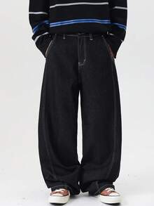 1pc Justice Brother Korean Street Style Embroidered Pocket Contrast Stitching Men's Black Loose Fit Wide Leg Jeans, Versatile Casual Pants, All Season - Black - View 4