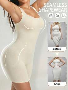 1pc Women's Beige Seamless Square Neck Jumpsuit, Slimming Shapewear, High Elasticity Breathable Fabric Suitable For Summer Daily Wear - Beige - View 3