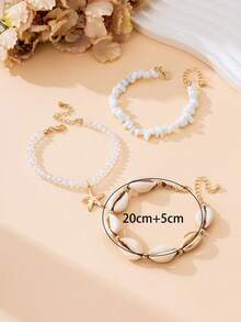 3pcs Casual Classic Retro Versatile Bohemian Style Summer Beach Vacation Series Faux Pearl Shell Starfish Pendant Anklet Set, Women Beach Jewelry - Multicolor - View 6