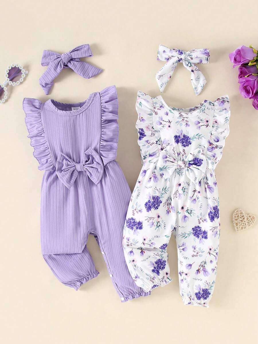 4pcs/Set Baby Girls' Summer Solid Color Ruffle Trim Bow Romper & Solid Color Bow & Floral Print Bow Romper Combination Set - Multicolor - View 1