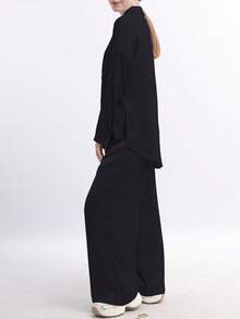 Conjunto informal de otoño de camisa y pantalón de pierna ancha, de unicolor negro con cuello de solapa, abotonadura frontal y manga larga - Negro - Ver 2