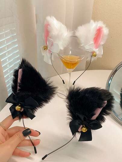 1个毛绒猫耳造型小铃铛发箍，可爱卡通性感发箍，女孩洗脸卸妆化妆必备配饰