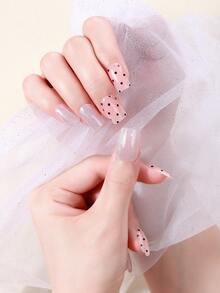 16pcs Spring/Summer Nude Pink Polka Dot UV Free Gel Nail Strips,Silver Glitter Retro Sweet Cool Style Self-Adhesive Nail Full Wraps, Salon Quality, Gel Nail Stickers For Women DIY Nail. - Pink - View 3