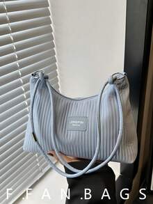 Bolso de hombro de gran capacidad, resistente a las arrugas, de unicolor y con rayas frescas, para el verano de 2025 - Azul - Ver 1