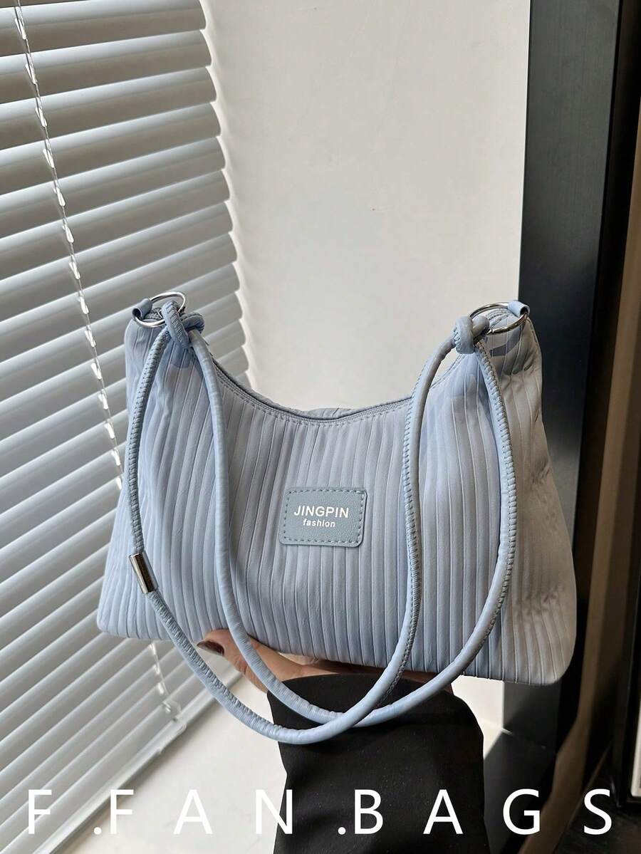 Bolso de hombro de gran capacidad, resistente a las arrugas, de unicolor y con rayas frescas, para el verano de 2025 - Azul - Ver 1