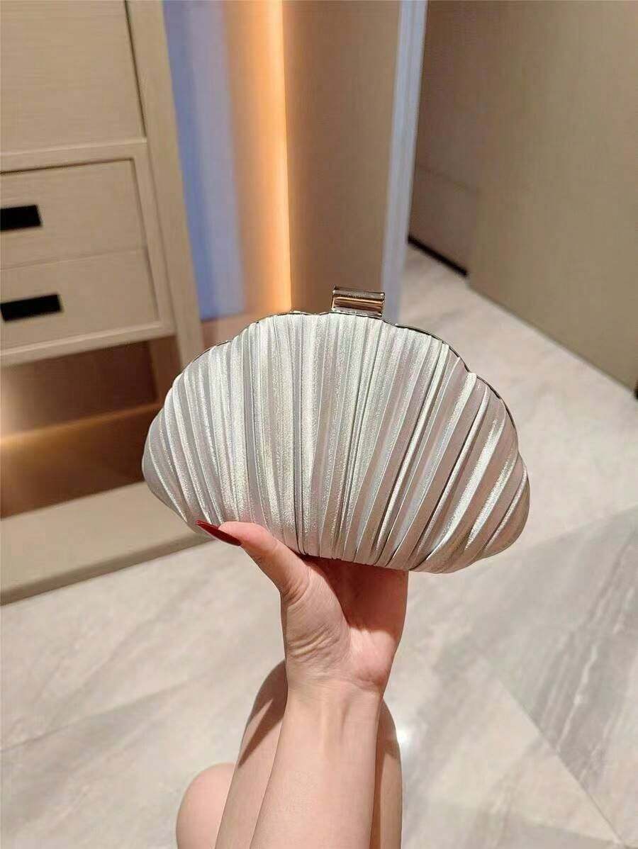OpulAura Women's Elegant/Luxury Pleated Satin Box-Shaped Clutch Bag, Romantic Wedding Purse, Charming/Refined Evening Dress Bag, Minimalist White Box Handbag With Detachable Chain, Suitable As Holiday Gift, Clutch Bag For Wedding - 銀色 - 查看 1