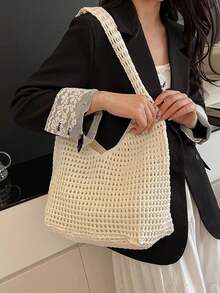 Women's Aesthetic Crochet Beach Shopper Tote Knitted Net Underarm Bag For Summer Versatile Shoulder Bag Women's Shoulder Bags Casual Woven Ladies Handmade Totes Large Capacity Summer Beach Female's Messenger Bag , Beach Bag , Crochet - Beige - View 2