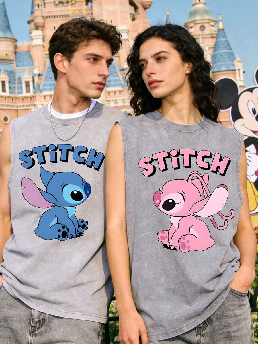 Disney Stitch & Angel Couple Set 230GSM Vintage Washed Streetwear Tank Top, Casual Couple Tank Top - Xám - Xem 1