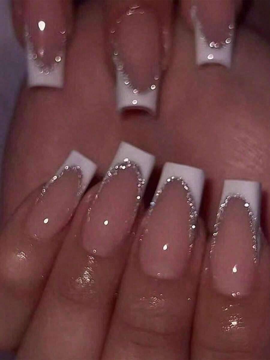 24Pcs/Set Long Coffin White French Tip Press On Nails Tips Chic Minimalist Style - Reusable Design Fake Nail,Contain 1pc Jelly Glue And 1pc Nail File, Acrylic Fake Nails For Women And Girls, Daily Life And Party Use Nail Supplies - 彩色 - 查看 1