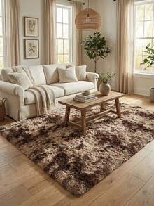 1pc Long Plush Coffee Tie-Dye Shag Rug, New Spring/Winter Collection, Artificial Fur Long Pile Carpet, Machine Washable, Pile Length 5-7cm, Coffee Tie-Dye Shag Rug, Living Room Carpet - Brown Tie-dye - View 1