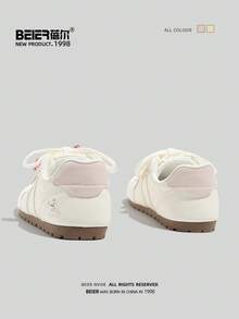 Giày thể thao nữ BEIER tối giản, phong cách mới, chất liệu da, đa năng, mũi tròn, đế bằng, buộc dây. - Hồng - Xem 3