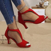 Women Comfortable Kitten Low Heel Thong Heeled Sandals Fashion Square Open Toe Comfort Shoes For Party Casual Slides - 紅色 - 查看 3