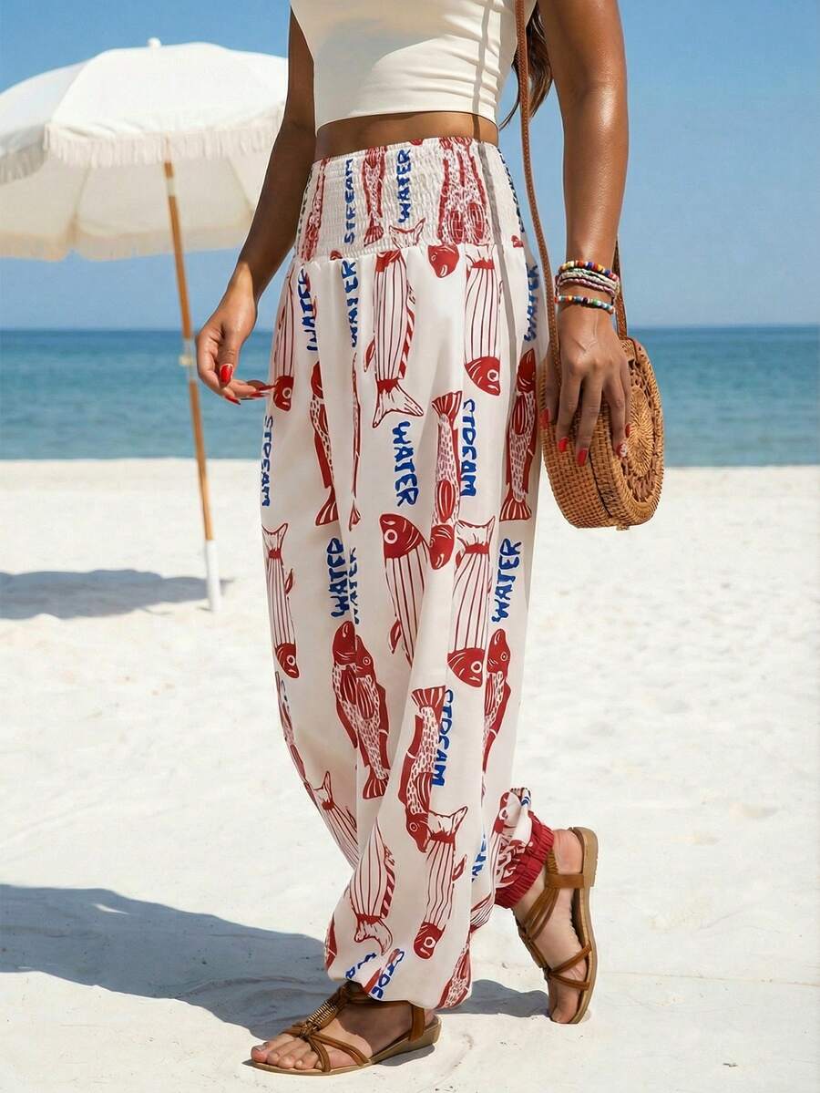 女士休闲连衣裙裤 高腰鱼纹印花弹力裤脚编织家居裤 夏季日常通勤和居家穿着 (JH25163) 度假 - 杏色 - 查看 1