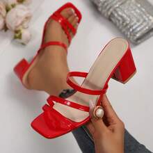 Women's Solid Color Party PU Leather Patent Thick Heel High Heel Sandals, Summer - Red - View 15