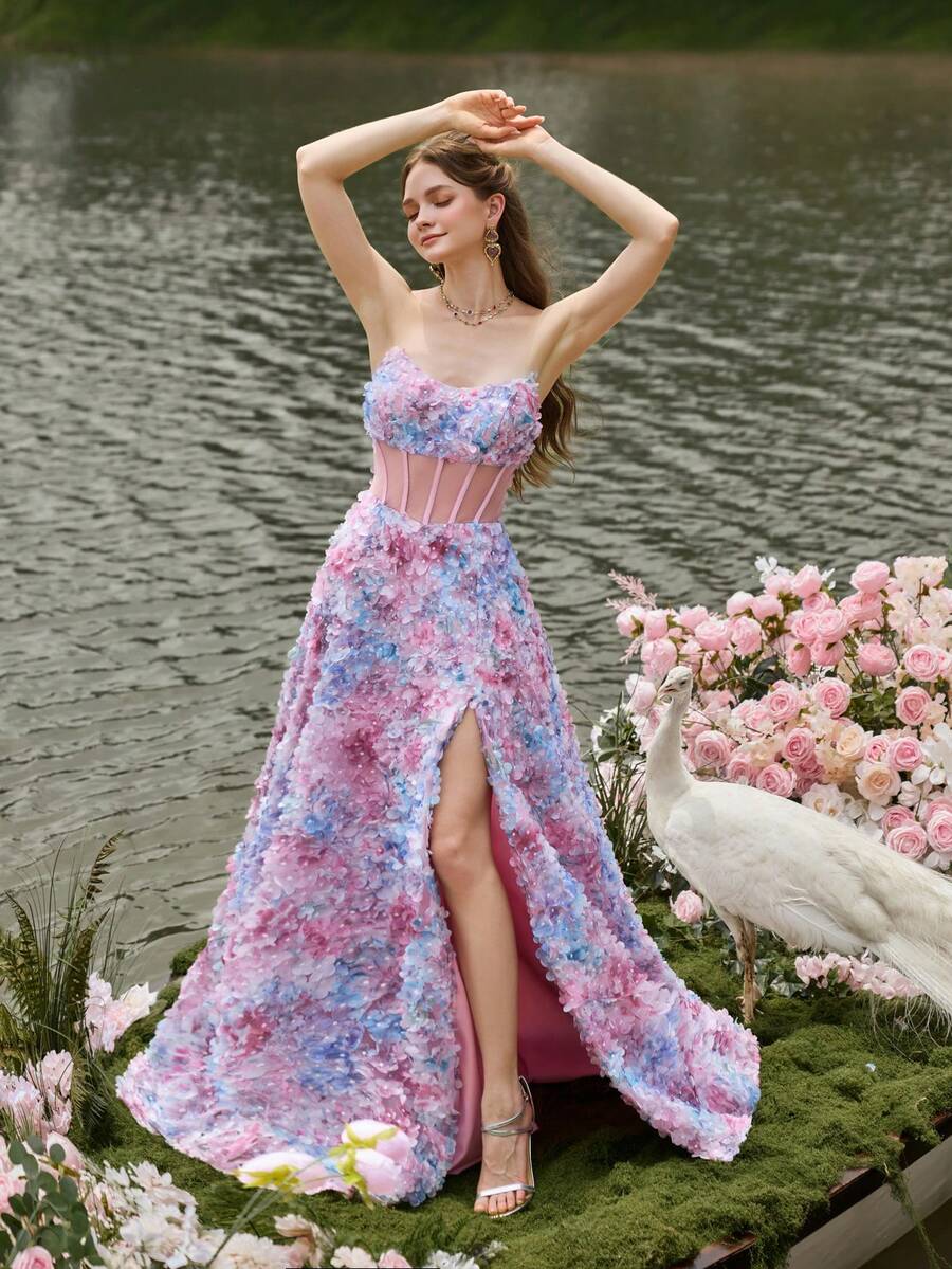 Faeriesty Vestido formal de noche de mujer con parches de malla floral sin tirantes, ajustado - Adecuado para fiesta de cumpleaños, sesión de fotos, gala, cena formal y otras ocasiones, color rosa primaveral para boda - Rosa - Ver 1