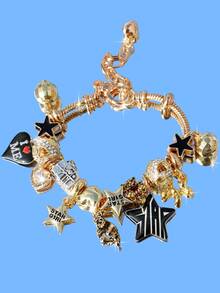 1条星光少女音乐节时尚手链，1条豹纹星星吊坠手链，Y2K摇滚明星DIY手链，时尚朋克迪斯科球手链 - 銀色 - 查看 4