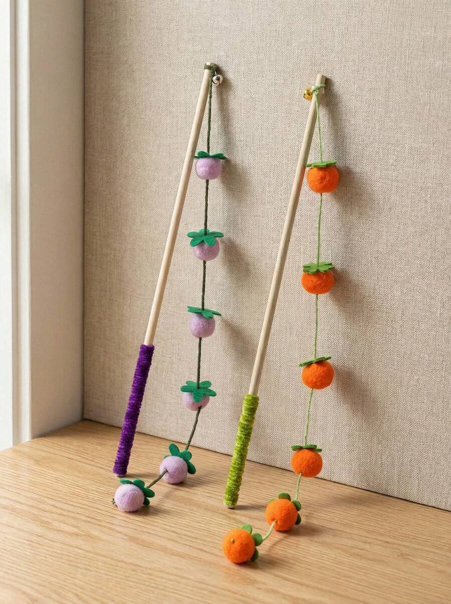 PETSIN Bountiful Tomato Cat Teaser Wand, Felt Bell Persimmon Cat Toy, Pet Toy