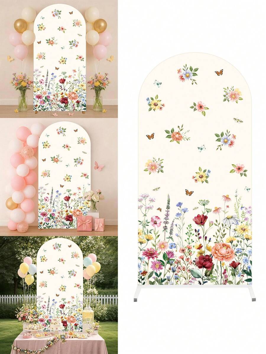 1pc Spring Floral Polyester Fiber Backdrop Cloth Set (Excluding Stand), Arch-Shaped Fabric Set With Butterfly & Wild Flower Pattern, Can Be Combined With Balloons For Decoration, Backdrop, Birthday Decor, Baby Shower, Anniversary, Gardening, Tea Party, Spring Party Decor
