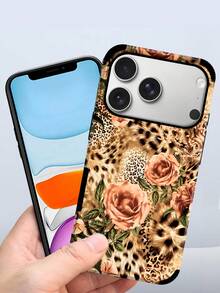 Cheetah,Leopard Print 1pc Rose & Leopard Print Hybrid Phone Case, Animal Element Cheetah Pattern Faux Leather UV Printed Soft Protective Phone Case Compatible With Apple/ Galaxy S24 Ultra, 17 Pro Max/16 Pro Max/12 Pro/13/14 Plus/15 Pro Max/16 Pro Max, 11/13 Pro - Multicolor - View 4