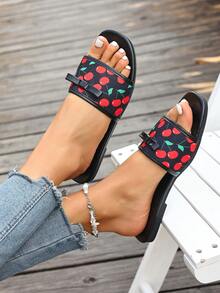 女款時尚沙灘 PU 皮革蝴蝶櫻桃大尺碼方頭春夏新款黑色一腳蹬平底涼鞋 - 黑色 - 查看 6