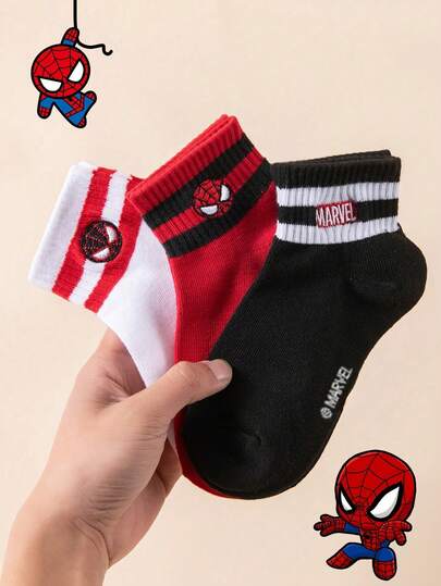 Marvel 3 Pairs Of Embroidered Children's Socks, Cute Autumn Mid-Calf Socks, Boys' Socks, Spider-Man Series Girls' Short Socks, Superhero Summer Style Korean Cartoon Style Boy's Breathable Children's Short Socks
