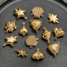 20 Pcs 18K Gold Plated Stainless Steel Pendants, Hollow Double‑Hole Retro Vacation Style Charms (Heart, Star, Shell, Etc.) For DIY Jewelry, Bracelets, Necklaces And Waist Chains Making - Pendant - View 8