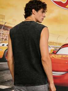 Disney Cars Lightning McQueen Metal Style Tank Top - New Men's High-Quality Printed Item - 230g Pure Cotton Washed Vintage Sleeveless V-Neck Top - Men's T-Shirt - Summer Casual T-Shirt - Casual T-Shirt - Black - View 2