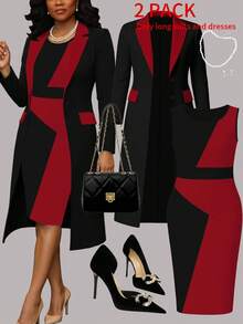 Autumn/Winter Plus Size Women's New Elegant 2 Pieces Set, Colorblock Long Sleeve Open Front Blazer Jacket + Versatile Slim Fit Midi Sleeveless Dress - Red and Black - View 2
