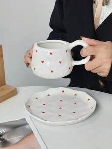 一套心形图案陶瓷咖啡杯碟，欧式简约陶瓷杯碟，咖啡杯碟，下午茶杯碟，附赠甜点盘，高品质办公水杯，家用牛奶杯，水杯，礼品杯，陶瓷饮具，茶具 - 彩色 - 查看 8