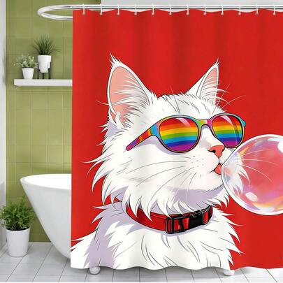 1件装趣味吹泡泡猫图案浴帘，简约时尚动物印花浴帘，非常适合浴室装饰、通用房间装饰、家居装饰、浴室配件浴帘