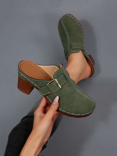 Elegant Women's New High Heel Slip-On Mules, Fashion Versatile Backless Slides With Buckle Design, Suitable For Casual Daily Wear And Various Occasions