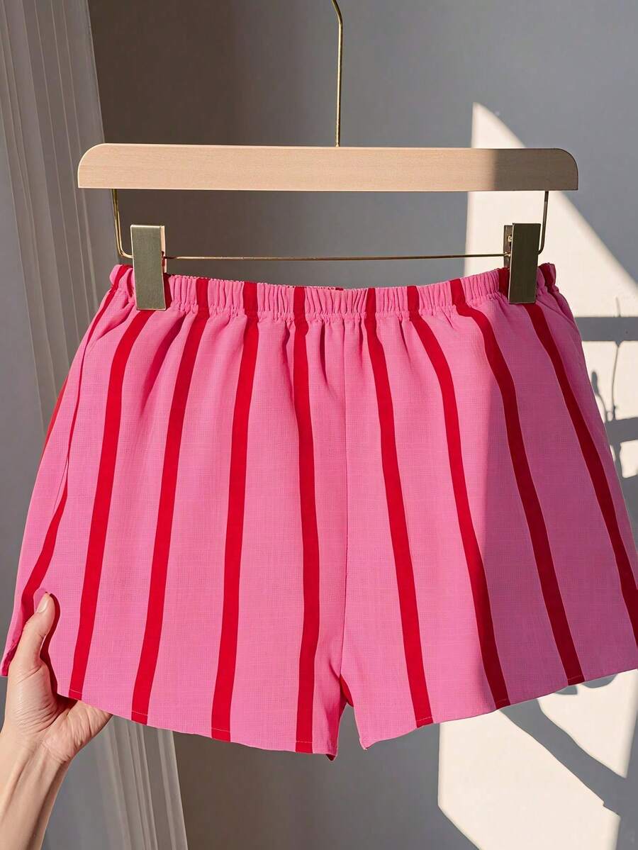 Pink & Red Stripe Shorts, Women's Casual Summer Beach Vacation Outfits - Pink - View 1