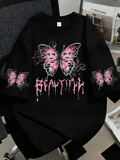 Áo thun ngắn tay nữ kiểu dáng thường ngày, dễ thương, in hình nơ và chữ cái.