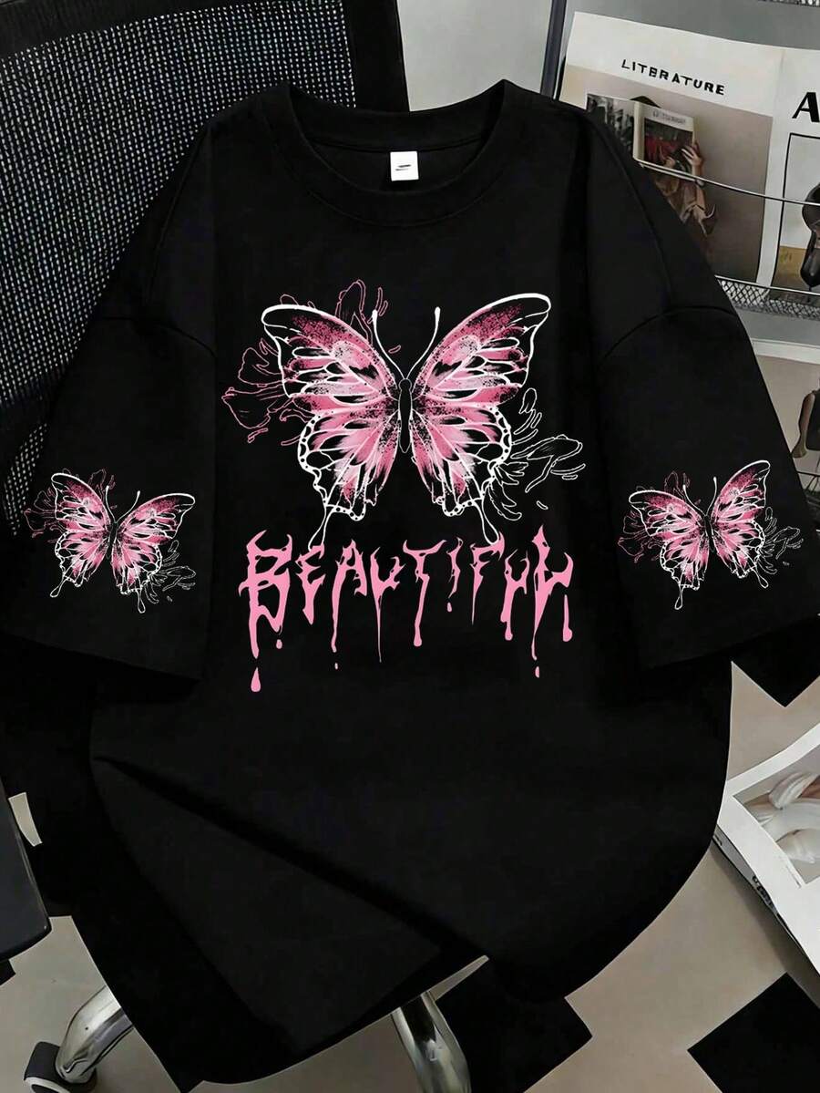 Áo thun ngắn tay nữ kiểu dáng thường ngày, dễ thương, in hình nơ và chữ cái. - màu đen - Xem 1