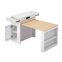Kitchen Island On Wheels, Extendable Dining Table With Folding Top, Bar Table With Power Strips And Hooks, Serves As A Kitchen Island, Buffet Or Bar Table For The Kitchen And Dining Room (White) - White + MDF + Glass - View 6
