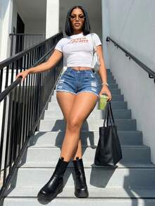 Jkorea High Waisted Distressed Denim Shorts - Ripped Mini Jean Shorts Blue - Blue - View 3
