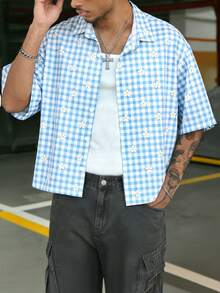 Áo sơ mi nam tay ngắn kẻ caro và họa tiết hoa cúc - Màu xanh nhạt - Xem 3