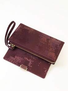 MINGYOU 时尚柔软材质高端刺绣便携休闲黑色手机钱包女士拉链手机钱包适合购物旅行必备女士钱包长款钱包腕包可爱复古钱包 - 酒紅色 - 查看 5