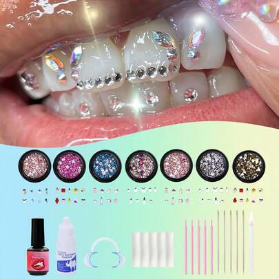 1 Bộ trang sức răng họa tiết hình học lấp lánh, kiểu dáng Y2K dễ thương, đính đá hình tròn siêu sáng bóng, phụ kiện răng giả cao cấp tự làm, thích hợp cho sử dụng hàng ngày, dự tiệc, ngày lễ, dành cho cả nam và nữ (không bao gồm keo dán).
