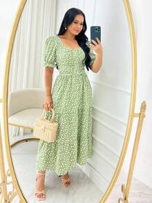 Women's Elegant Puff Sleeves Casual Party Midi Dress - Mint Green - View 1