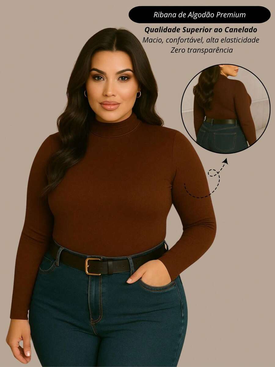 Women's Plus Size Basic Long-Sleeved Turtleneck Blouse, Made Of Knit Fabric With Ribbed Details, Highly Stretchy And Comfortable For Everyday Wear. - 咖啡棕 - 查看 1