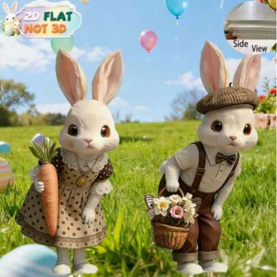 2pcs 2D Flat Easter Bunny Photo Props, Yard Decor Signs, Acrylic Easter Lawn Decorations For Party