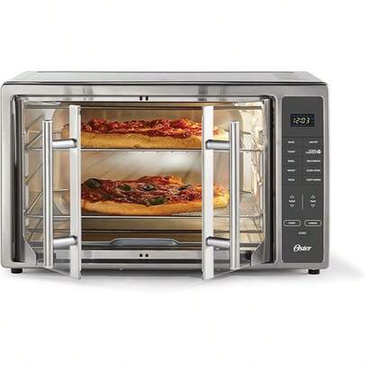Horno Oster con freidora de aire ofrece 10 funciones,  tostador de encimera lo suficientemente grande para 2 pizzas puertas francesas de acero inoxidable, tamaño XL,  potencia de 1700 watts