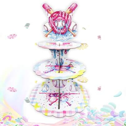1pc/Bag Ice Cream Baseball Cake Stand, Birthday Party Cake Decoration, Colorful Baseball Birthday Party, Disposable 3-Tier Cupcake Stand Decorations