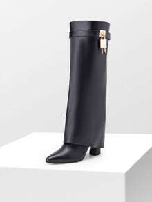 Women's High Heel Knee-High Boots Fold Over Cuff Padlock Pointed Toe Side Zipper Y2K Fashion Party Festival Tall Boots  Shoes - 黑色 - 查看 7