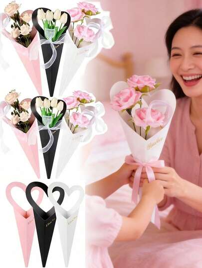 8/6/3件装心形花束礼盒，礼品包装，玫瑰花盒，派对礼盒，母亲节，婚礼，情人节，适用于鲜花包装、礼品装饰、DIY心形花束袋，情人节礼物