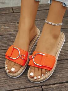 Women's Metal Buckle Faux Rope Sole Comfortable Lightweight Flat Sandals, Vacation Style Summer Daily Wear Beach Play Orange Slippers Plus Size - Orange Vertical Stripes - View 5