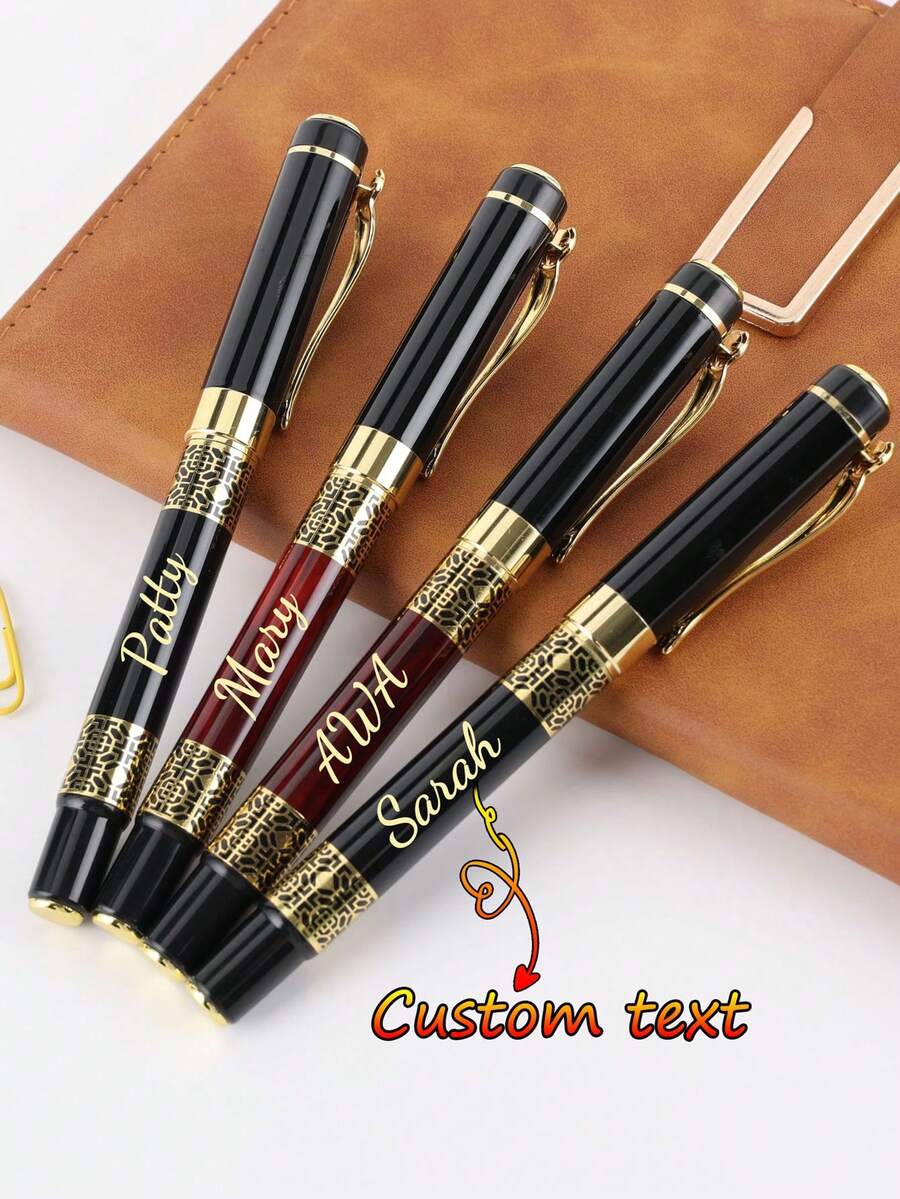 Juego de bolígrafos de metal con perlas y texto/logotipo personalizado, con recambio y caja de regalo. Bolígrafo de firma neutro de alta gama, regalo ideal para padrinos de boda, bolígrafo de negocios con diseño calado de metal, bolígrafo de caligrafía para estudiantes, bolígrafo de firma de oficina con textura de madera para adultos, regalo perfecto para maestros, padres, amigos, novio y padrinos. - Multicolor - Ver 1