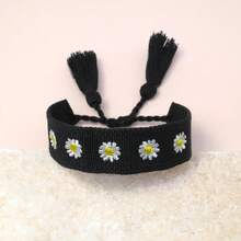 1pc Embroidered Chrysanthemum Handmade Braided Bohemian Beach Vacation Style Travel Party Wear Creative Friendship Bracelet - Black - View 3